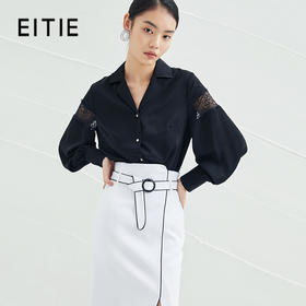 EITIE爱特爱春新款宽松直筒蕾丝拼接泡泡袖时尚显瘦黑色衬衫A2209911
