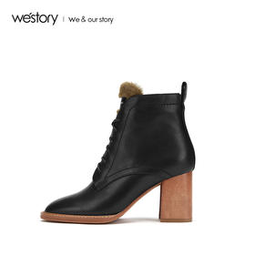 westory羊皮冬靴女2019秋冬新款粗跟短靴方头舒适百搭W29DS80261
