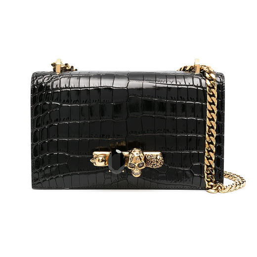 ALEXANDER MCQUEEN 亚历山大.麦昆 女士小牛皮仿鳄鱼纹骷髅头手指斜挎单肩包 黑色 554128 1HB0T 1001 商品图0