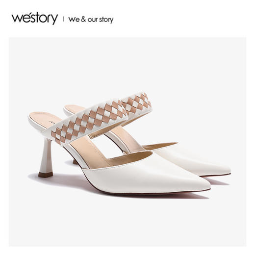 westory2020春季新款尖头编织一字带羊皮穆勒鞋凉鞋女W20AH51221 商品图0