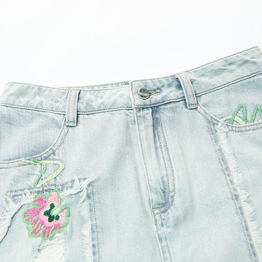 MIIDII谜底2022春款磨烂毛边合体刺绣天丝棉牛仔半身裙221MB0031 商品图3