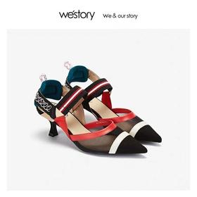 westory2020春夏新款拼色高跟凉鞋女简约包头单鞋W29BH60341