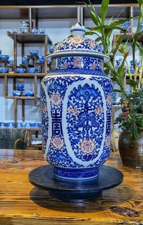 柴窑青花釉里红福寿盖罐