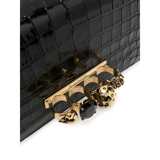 ALEXANDER MCQUEEN 亚历山大.麦昆 女士小牛皮仿鳄鱼纹骷髅头手指斜挎单肩包 黑色 554128 1HB0T 1001 商品图1