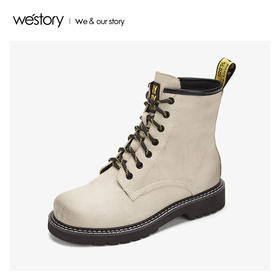 westory2019冬新款加绒加厚保暖马丁靴女真皮粗跟中性帅气鞋2019冬新款W29DS80841