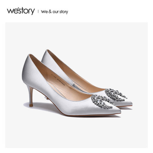 westory2020春季新款中式婚鞋尖头钻扣浅口高跟鞋女W20AE51651 商品图0