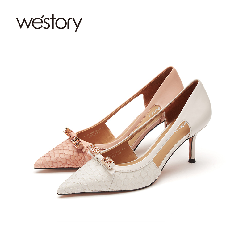 westory尖头细跟高跟鞋女新品真皮婚鞋新娘鞋52511