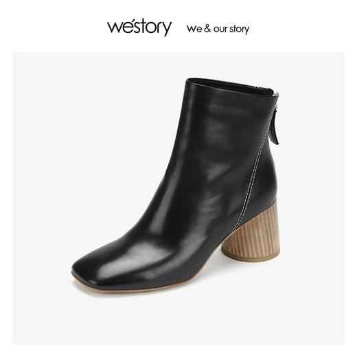 westory胎牛皮木纹方头短靴 后拉链圆柱跟 2019冬新款W29DS80231 商品图0