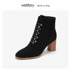 westory绑带时装真皮短靴女高粗跟鞋尖头 2019冬季新品W29DS80581 商品缩略图0
