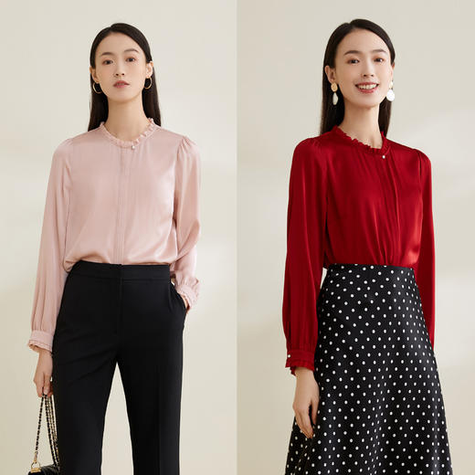 玳莎真丝衬衫19mm弹力双乔绉别致木耳边新品桑蚕丝上衣女  CA31303 商品图3
