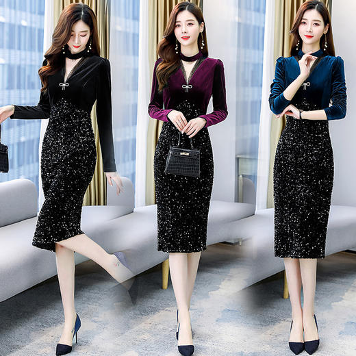 金丝绒连衣裙女中长款2022年新款春装优雅气质名媛女神范长袖裙子 HR-ZYQ7078 商品图0