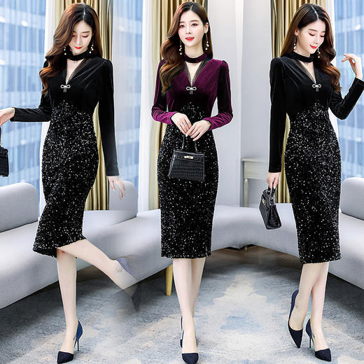 金丝绒连衣裙女中长款2022年新款春装优雅气质名媛女神范长袖裙子 HR-ZYQ7078 商品图1