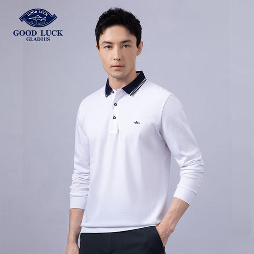 GOOD LUCK/德鲨100%棉海洋风撞色领边时尚休闲T领长袖T恤FY22102-818 商品图1