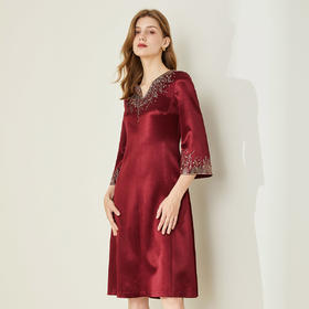 [LC851]斯尔丽瑟俪2022年春上新优雅小V领烫钻合身及膝礼服连衣裙