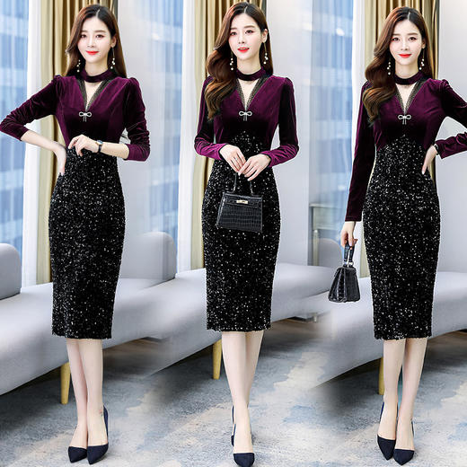 金丝绒连衣裙女中长款2022年新款春装优雅气质名媛女神范长袖裙子 HR-ZYQ7078 商品图4