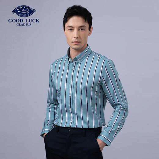 GOOD LUCK/德鲨100%棉雅致蓝白条纹时尚百搭长袖衬衫BY21309-842 商品图1