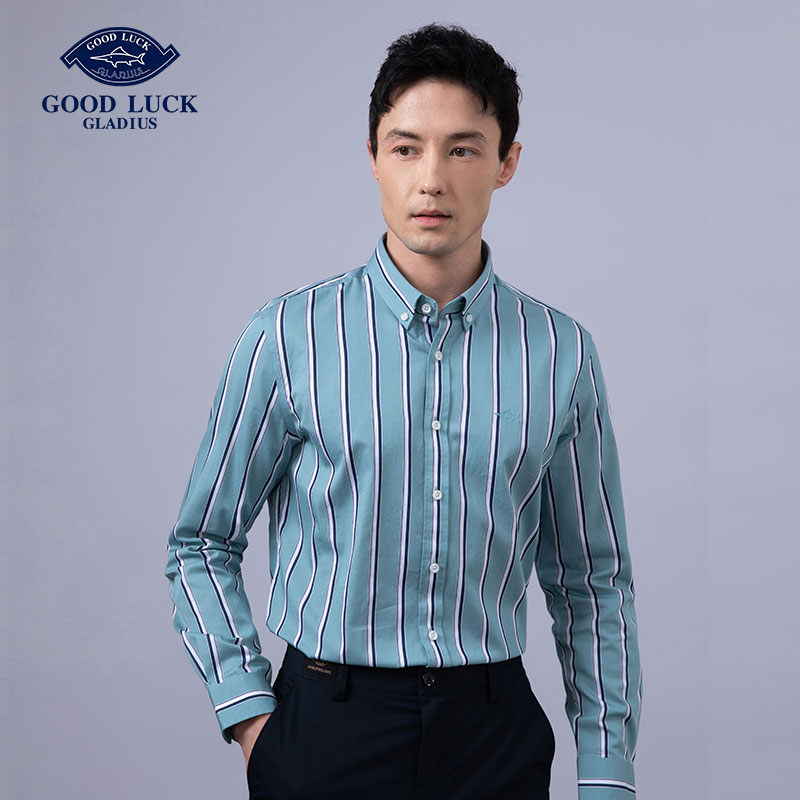 GOOD LUCK/德鲨100%棉雅致蓝白条纹时尚百搭长袖衬衫BY21309-842