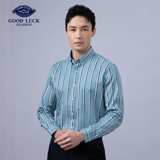 GOOD LUCK/德鲨100%棉雅致蓝白条纹时尚百搭长袖衬衫BY21309-842 商品图2