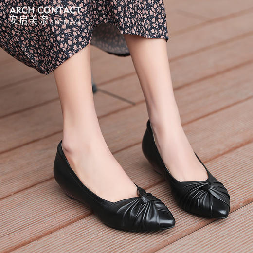 安启美奈足弓不累脚舒适单鞋女职业尖头浅口平底鞋女52727 商品图1