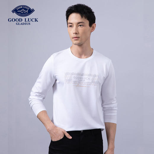 GOOD LUCK/德鲨棉质混纺舒适柔软百搭三色可选圆领长袖T恤LY22201 商品图5