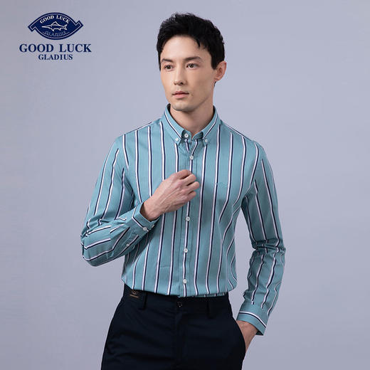 GOOD LUCK/德鲨100%棉雅致蓝白条纹时尚百搭长袖衬衫BY21309-842 商品图3