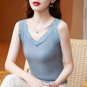 MZ800454 2022夏季运动针织内搭纯色吊带型莫代尔蕾丝V领修身型拼接小背心