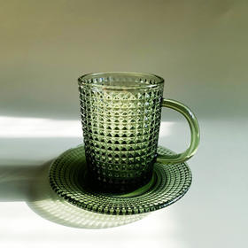 「复古绿色浮雕玻璃杯」咖啡杯 水杯 带把手茶杯 马克杯