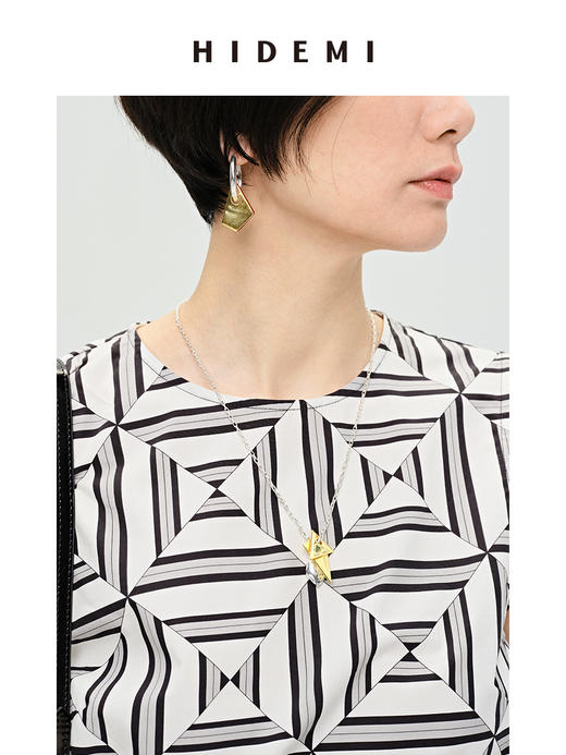 HIDEMI简约几何设计感不对称可拆卸式金银双色项链 商品图4