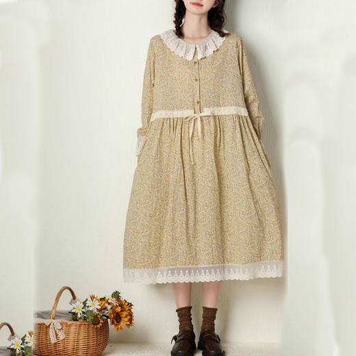 WQ-8802新款春装日系清新蕾丝娃娃领棉麻碎花长裙宽松长袖抽绳连衣裙 商品图2