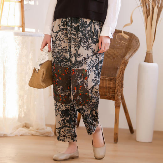 WQ-BJ030FL春季新款中国风棉麻九分宽松大码休闲印花女士小脚彩绘哈伦裤 商品图0