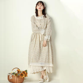 WQ-8802新款春装日系清新蕾丝娃娃领棉麻碎花长裙宽松长袖抽绳连衣裙