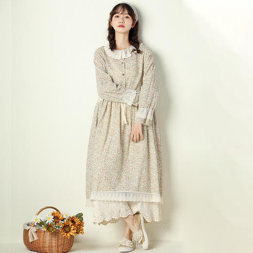 WQ-8802新款春装日系清新蕾丝娃娃领棉麻碎花长裙宽松长袖抽绳连衣裙 商品图0