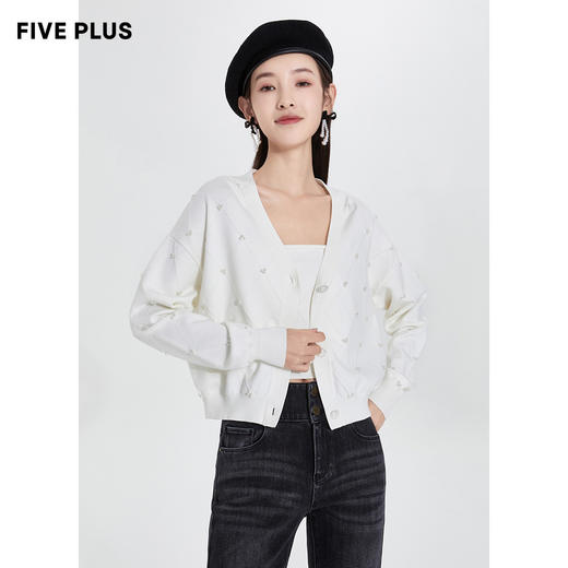 FIVE PLUS2022新款女春装宽松V领针织开衫女肌理感外套配吊带打底2WN1033010 商品图3