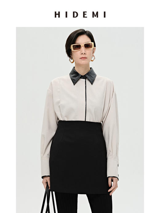 HIDEMI简约设计感拼皮衬衫式外套 商品图3