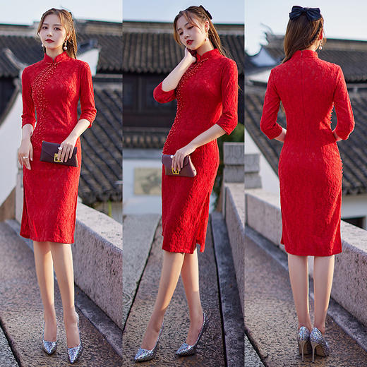 优雅修身，全手工钉珠雪尼尔蕾丝中长款改良宴会日常旗袍MLS-393 商品图4