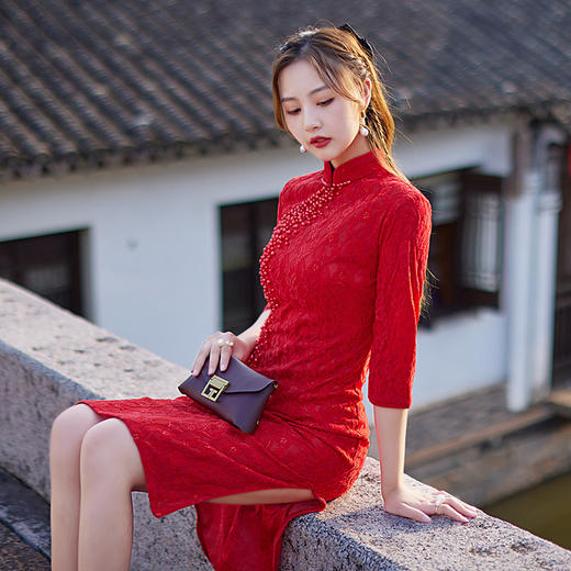 优雅修身，全手工钉珠雪尼尔蕾丝中长款改良宴会日常旗袍MLS-393 商品图2