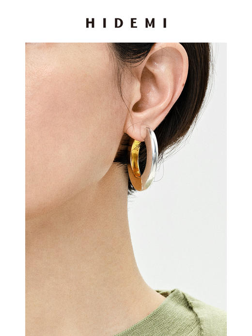 HIDEMI简约设计感宽版圆形金银双色耳环 商品图6
