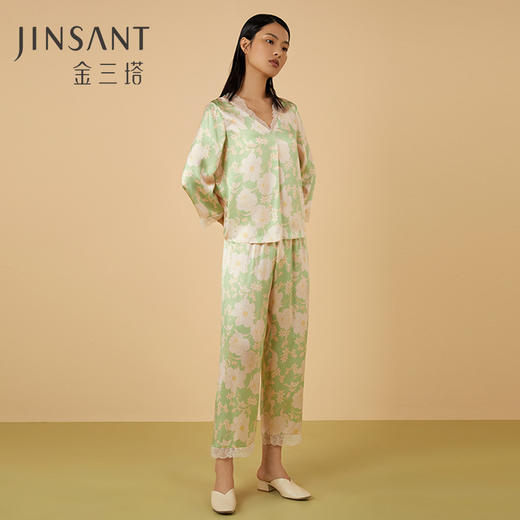 金三塔100%桑蚕丝春意盎然真丝睡衣印花拼蕾丝女士家居服衣裤套  YSFCA206 商品图1