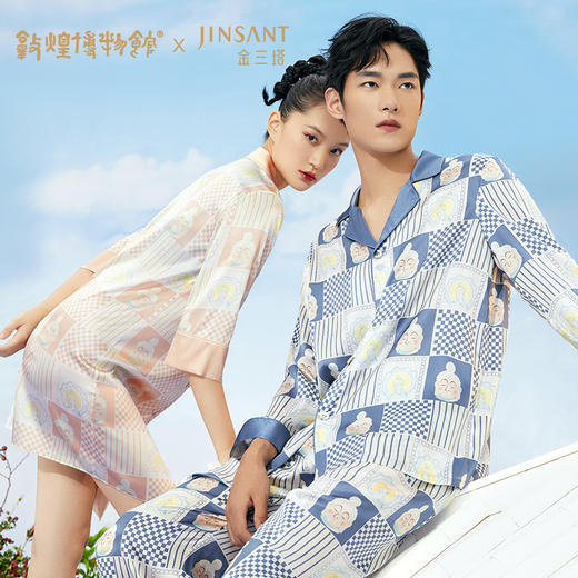 金三塔敦煌联名100%桑蚕丝印花情侣家居服男士真丝睡衣套装女士睡裙  YSFCA317 YSMCA202 商品图0