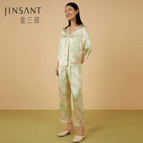 金三塔100%桑蚕丝春意盎然真丝睡衣印花拼蕾丝女士家居服衣裤套  YSFCA206