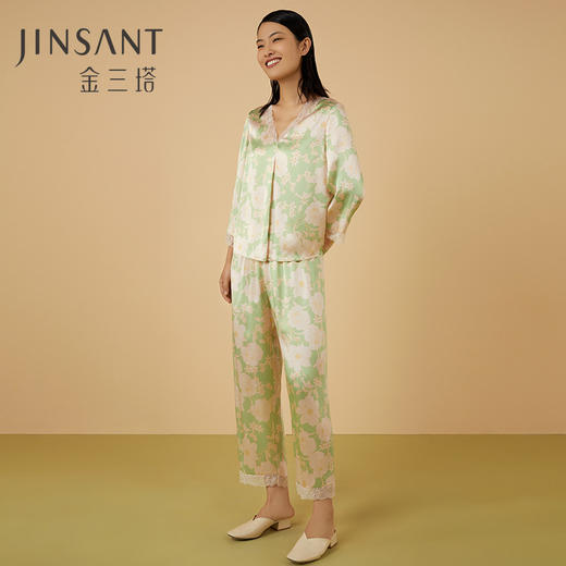 金三塔100%桑蚕丝春意盎然真丝睡衣印花拼蕾丝女士家居服衣裤套  YSFCA206 商品图0