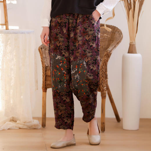 WQ-BJ030FL春季新款中国风棉麻九分宽松大码休闲印花女士小脚彩绘哈伦裤 商品图2