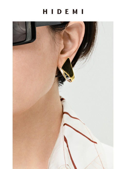 HIDEMI简约设计感几何夹子式金银双色耳环 商品图3