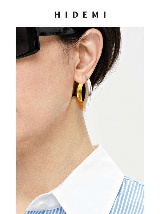HIDEMI简约设计感宽版圆形金银双色耳环 商品图4
