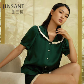 金三塔100%桑蚕丝复古花瓣双层领舒适凉爽女士真丝睡衣 衣裤套家居服  YSFCA403