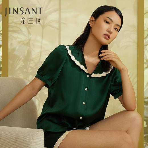 金三塔100%桑蚕丝复古花瓣双层领舒适凉爽女士真丝睡衣 衣裤套家居服  YSFCA403 商品图0