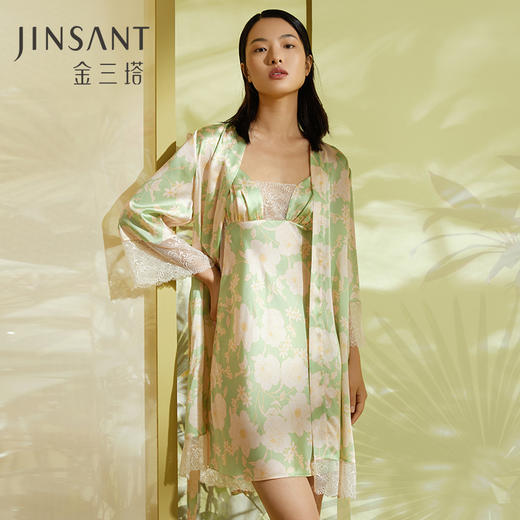 金三塔00%桑蚕丝春意盎然真丝印花拼蕾丝女士家居服睡袍单袍   YSFCA104 商品图1