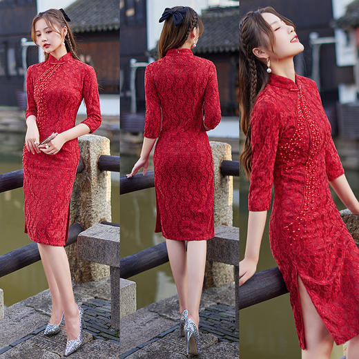 优雅修身，全手工钉珠雪尼尔蕾丝中长款改良宴会日常旗袍MLS-393 商品图6