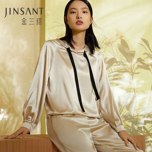 金三塔桑蚕丝弹力缎时尚出街款女士真丝睡衣钉珠连帽衣裤套家居服   YSFCA209 商品图1