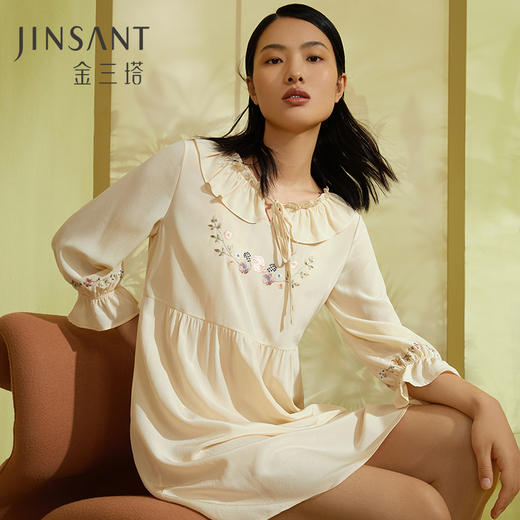 金三塔真丝双绉（不易皱真丝）甜美少女心桑蚕丝绣花舒适睡裙 YSFCA313 商品图0